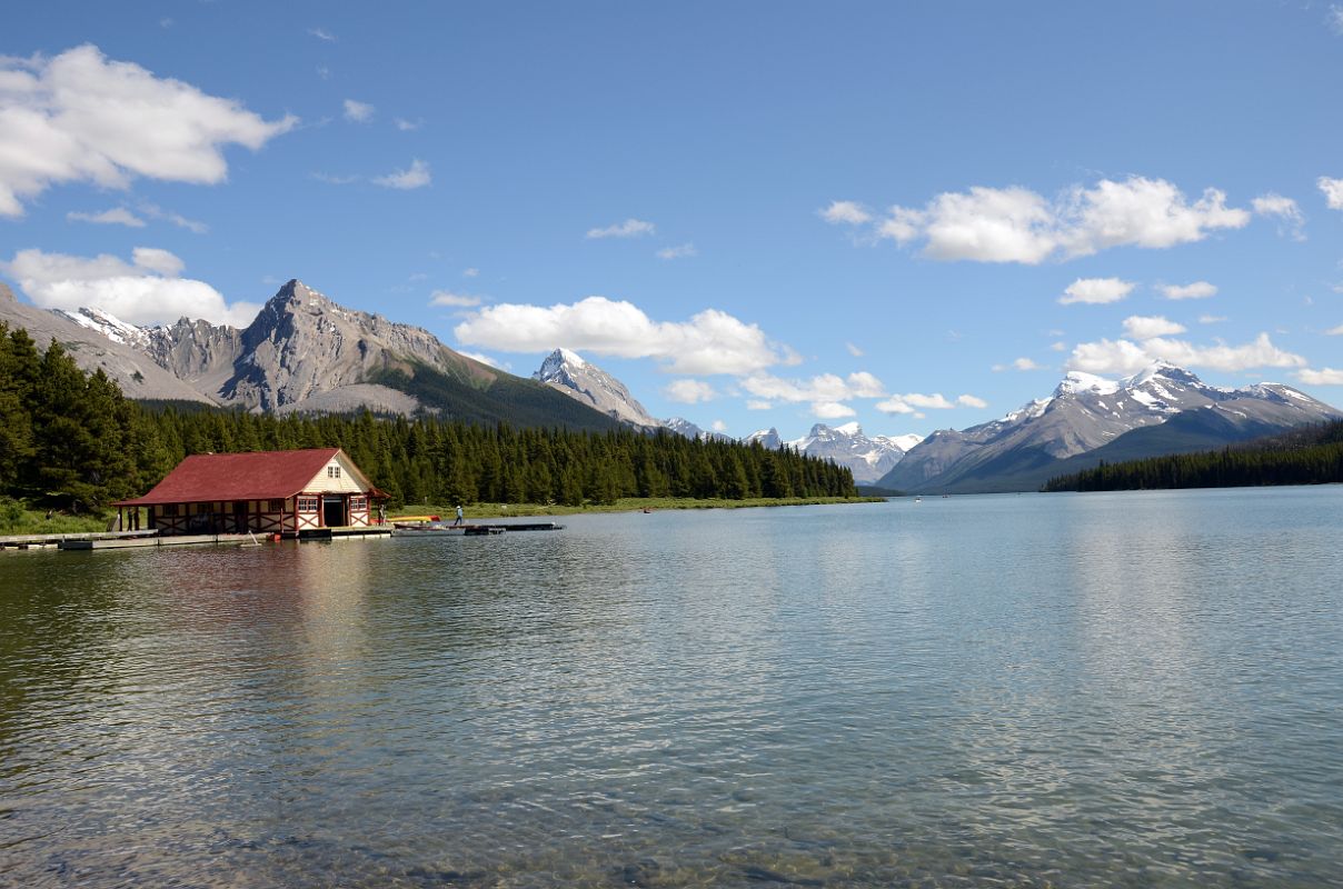 04 Maligne Lake and Boathouse, Leah Peak, Samson Peak, Mount Paul, Monkhead Mountain, Mount Warren, Valad Peak, Mount Henry MacLeod, Mount Charlton and Mount Unwin Near Jasper